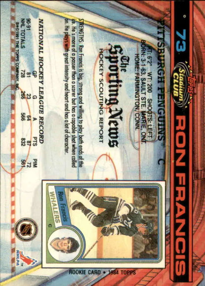Hockey card of Ron Francis in black and white uniform from Topps Stadium Club