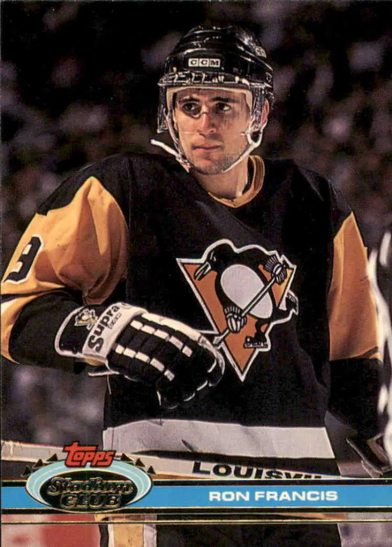 Ron Francis in black and gold jersey on 1991-92 Topps Stadium Club hockey card
