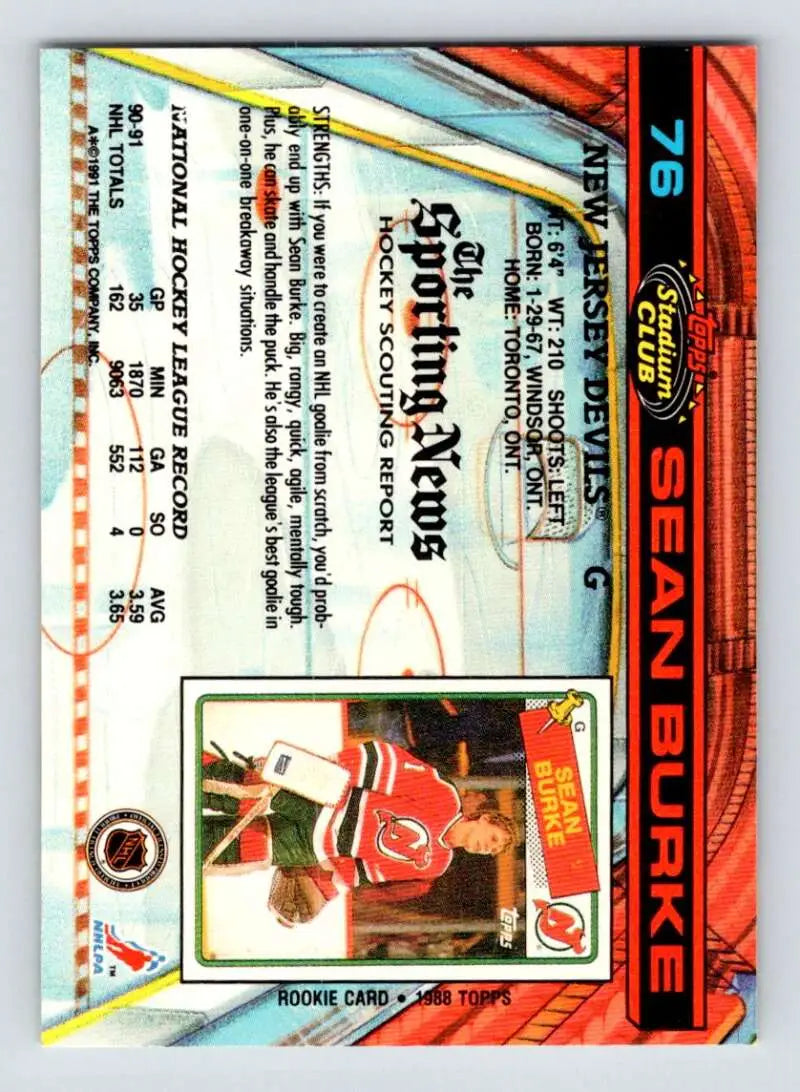 Hockey trading card of Sean Burke from the New Jersey Devils Stadium Club series
