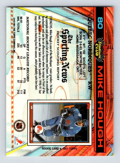 Mike Hough in dark uniform on ice, 1991-92 Topps Stadium Club Quebec Nordiques card
