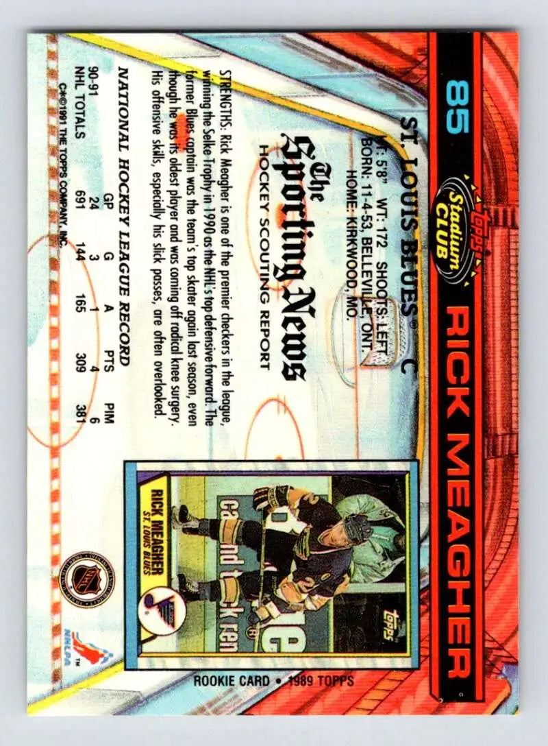 Holographic 1991-92 Topps Stadium Club Rick Meagher Hockey Card in dark uniform