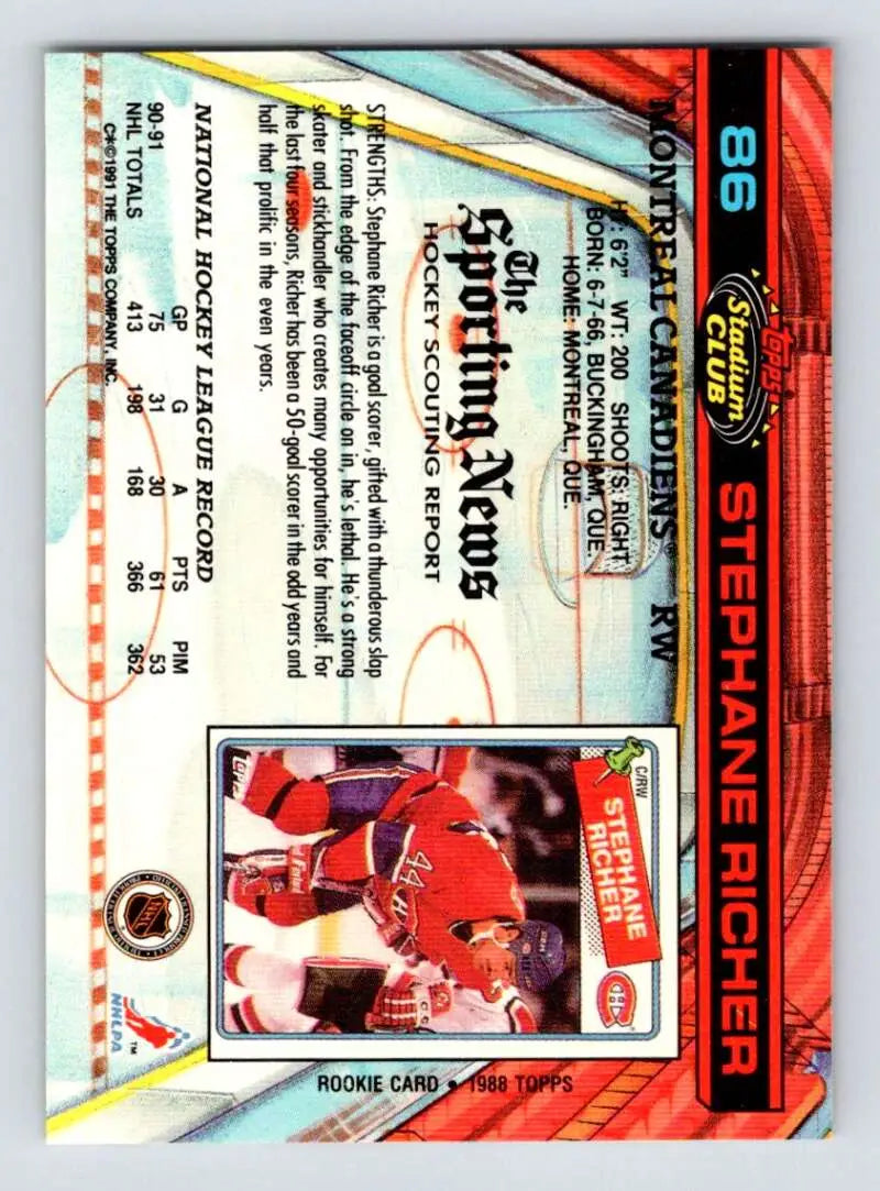 Hockey card featuring Stephane Richer in red jersey, 1991-92 Topps Stadium Club design