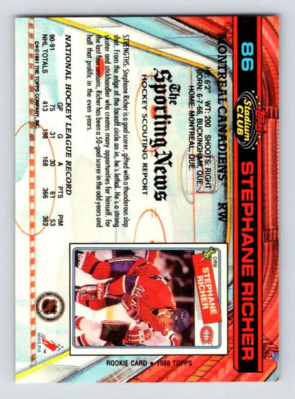 Hockey card featuring Stephane Richer in red jersey, 1991-92 Topps Stadium Club design