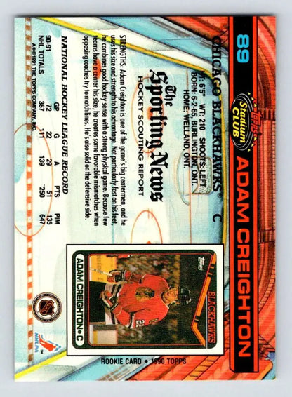 Trading card featuring Adam Creighton from the Chicago Blackhawks Topps Stadium Club series