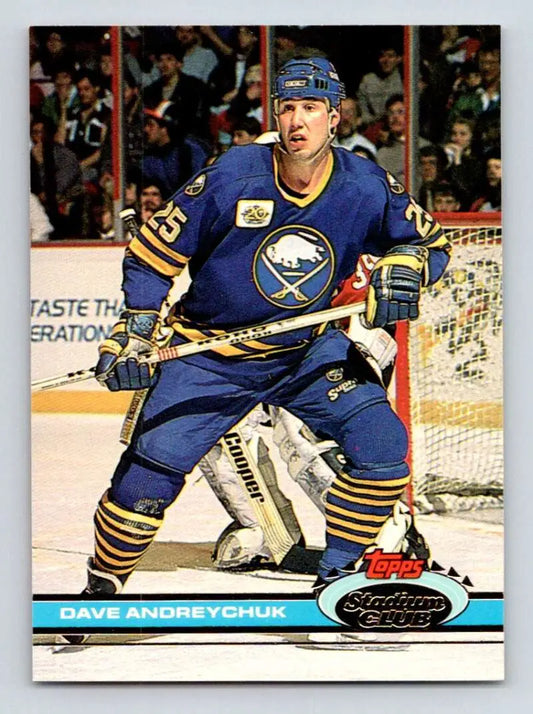 Hockey player in blue Buffalo Sabres jersey on Topps Stadium Club hockey card