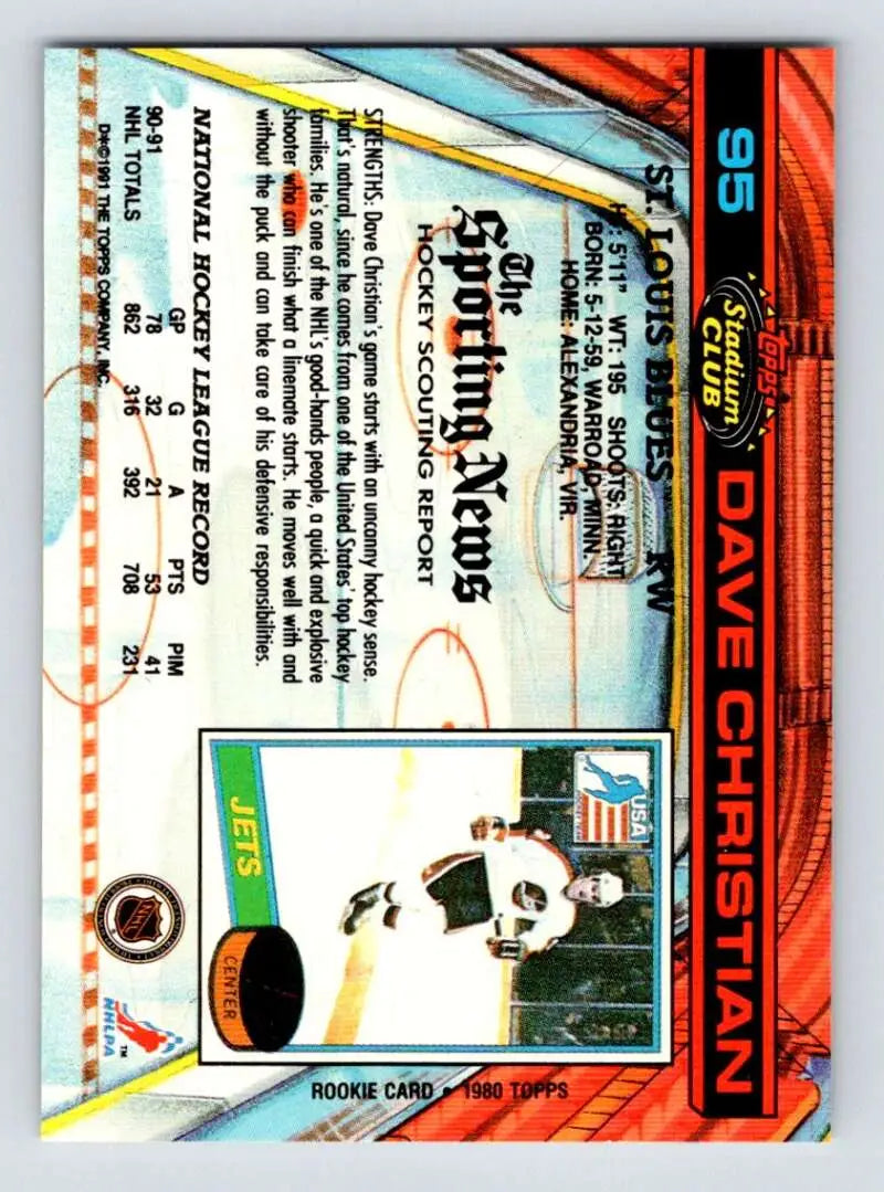 Hockey card of Dave Christian in black and gold uniform for St. Louis Blues