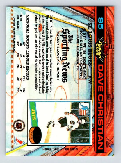 Hockey card of Dave Christian in black and gold uniform for St. Louis Blues