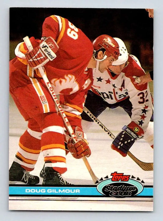 Hockey card featuring Doug Gilmour of the Calgary Flames in action against Washington Capitals