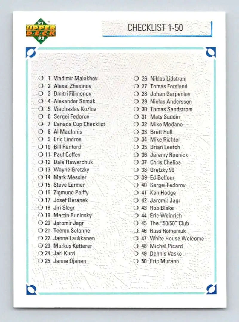 Checklist 1-50 from 1991-92 Upper Deck Hockey Card set displayed for collectors