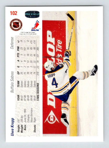 Uwe Krupp 1991-92 Upper Deck #102 Hockey Card in blue and white uniform
