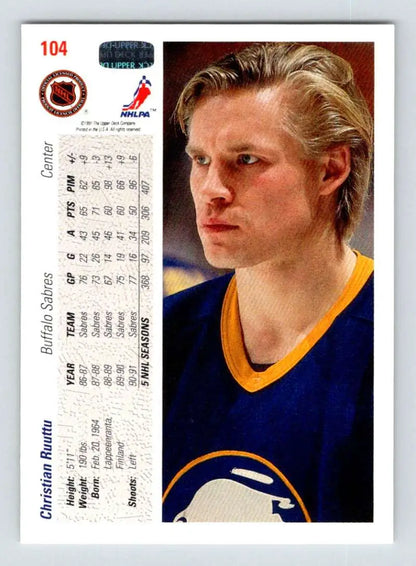 Basketball trading card of Christian Ruuttu in navy and yellow Buffalo Sabres uniform