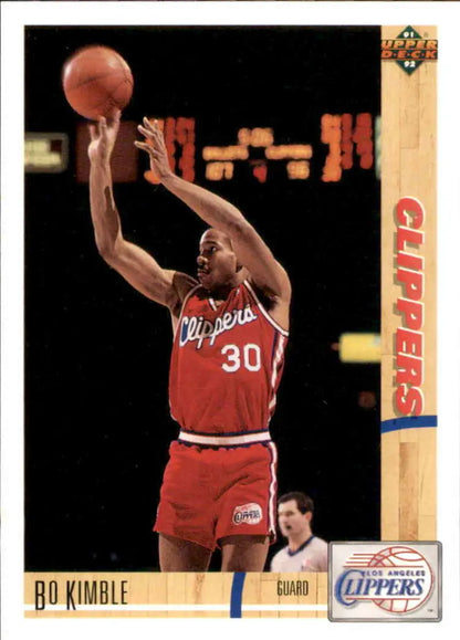 Basketball trading card of Bo Kimble in Los Angeles Clippers red jersey numbered 30