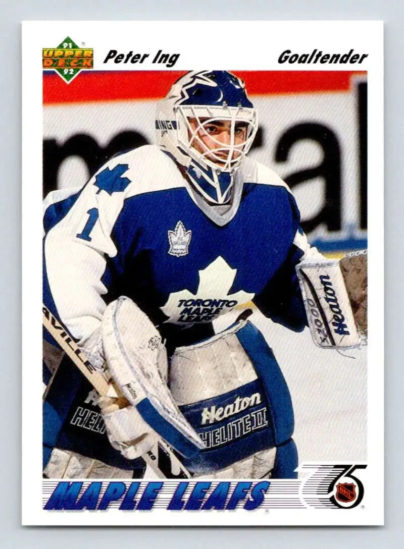 Toronto Maple Leafs goalie in blue and white jersey on Peter Ing Upper Deck hockey card
