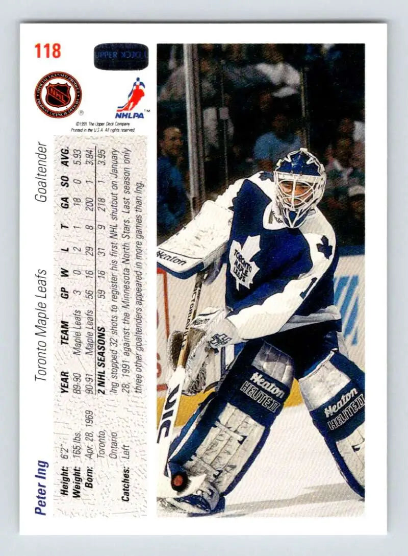 Hockey goalie Peter Ing in Toronto Maple Leafs uniform on 1991-92 Upper Deck card