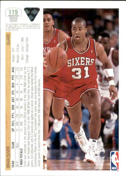 Brian Oliver Philadelphia 76ers trading card in red jersey from Upper Deck 1991-92
