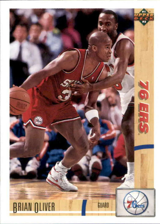 Basketball trading card of Brian Oliver dribbling for the Philadelphia 76ers Upper Deck