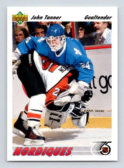 Hockey goaltender in Quebec Nordiques jersey on 1991-92 Upper Deck John Tanner card