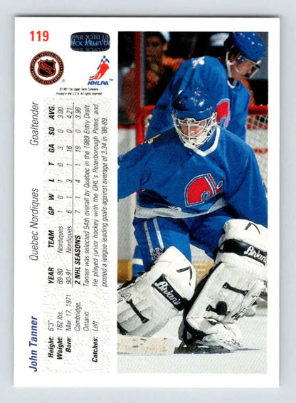 John Tanner hockey card in blue Quebec Nordiques uniform from Upper Deck 1991-92