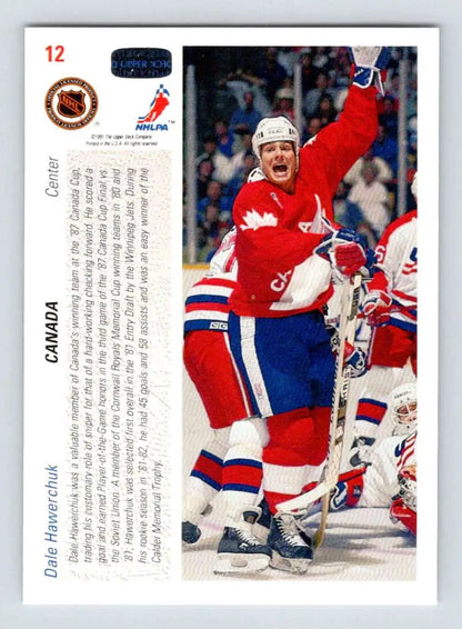 Hockey card of Dale Hawerchuk celebrating in Montreal Canadiens uniform by Upper Deck