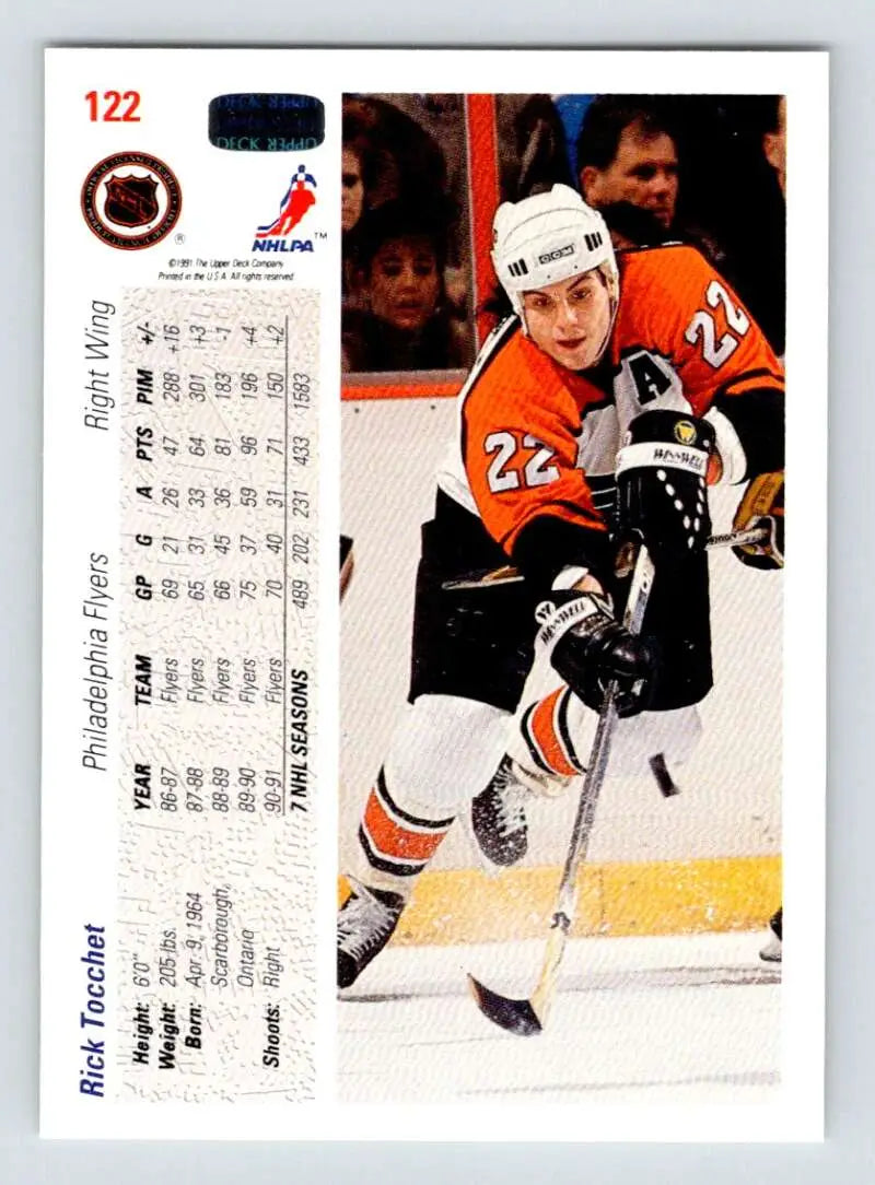 Hockey card showcasing Philadelphia Flyers’ Rick Tocchet skating with puck, 1991-92 Upper Deck