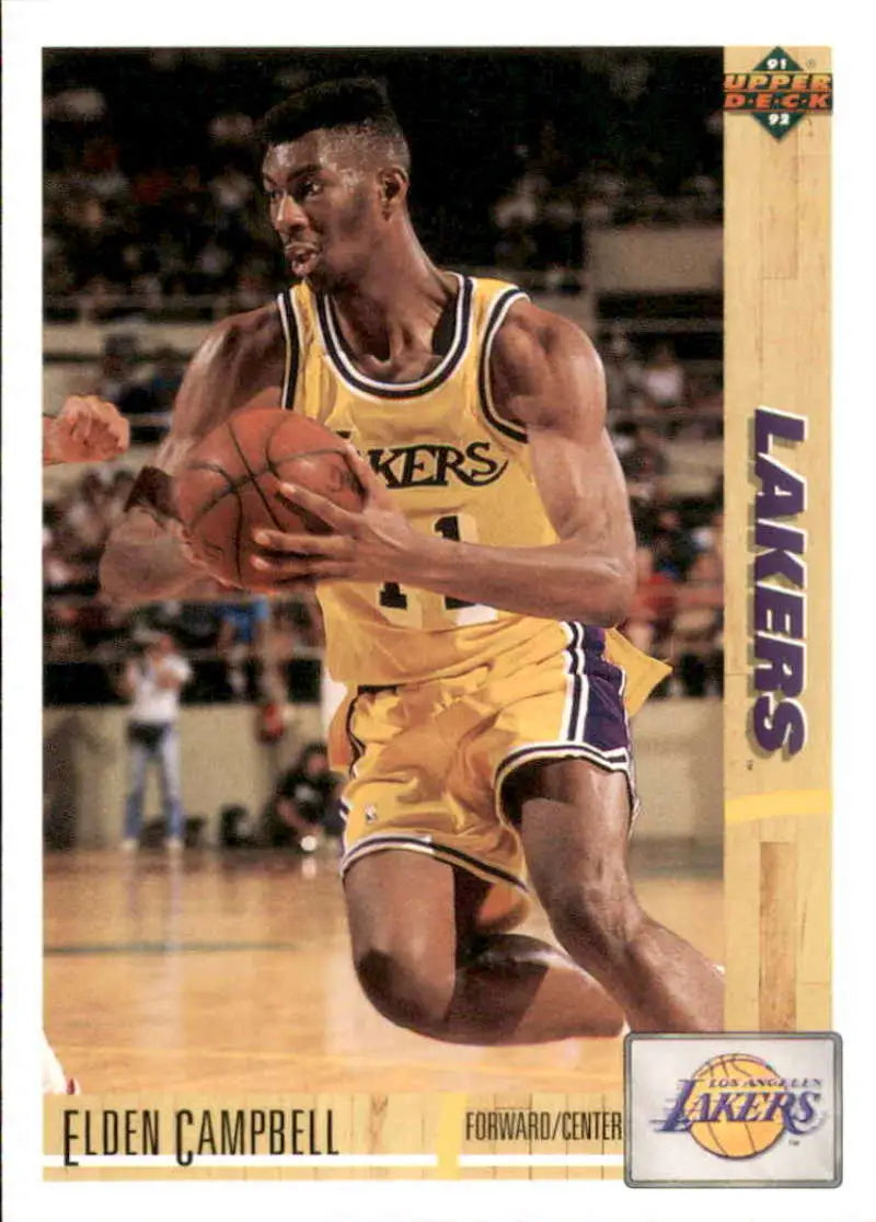 Basketball trading card of Elden Campbell in yellow Lakers jersey dribbling ball