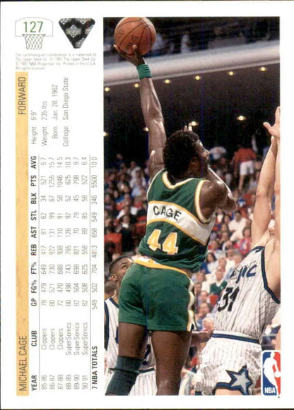 Basketball trading card of Michael Cage in Seattle SuperSonics uniform by Upper Deck