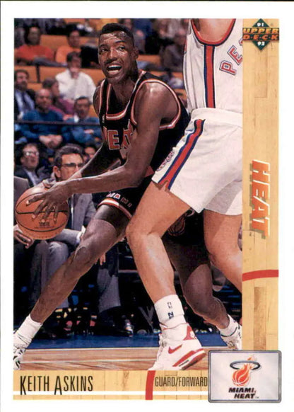 Basketball player in dark uniform with ball on 1991-92 Keith Askins Miami Heat card