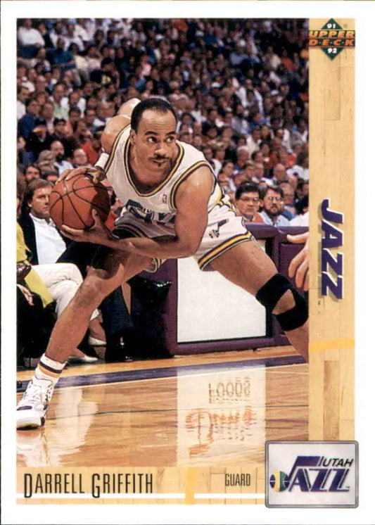 Basketball player Darrell Griffith dribbling in Utah Jazz uniform for Upper Deck card