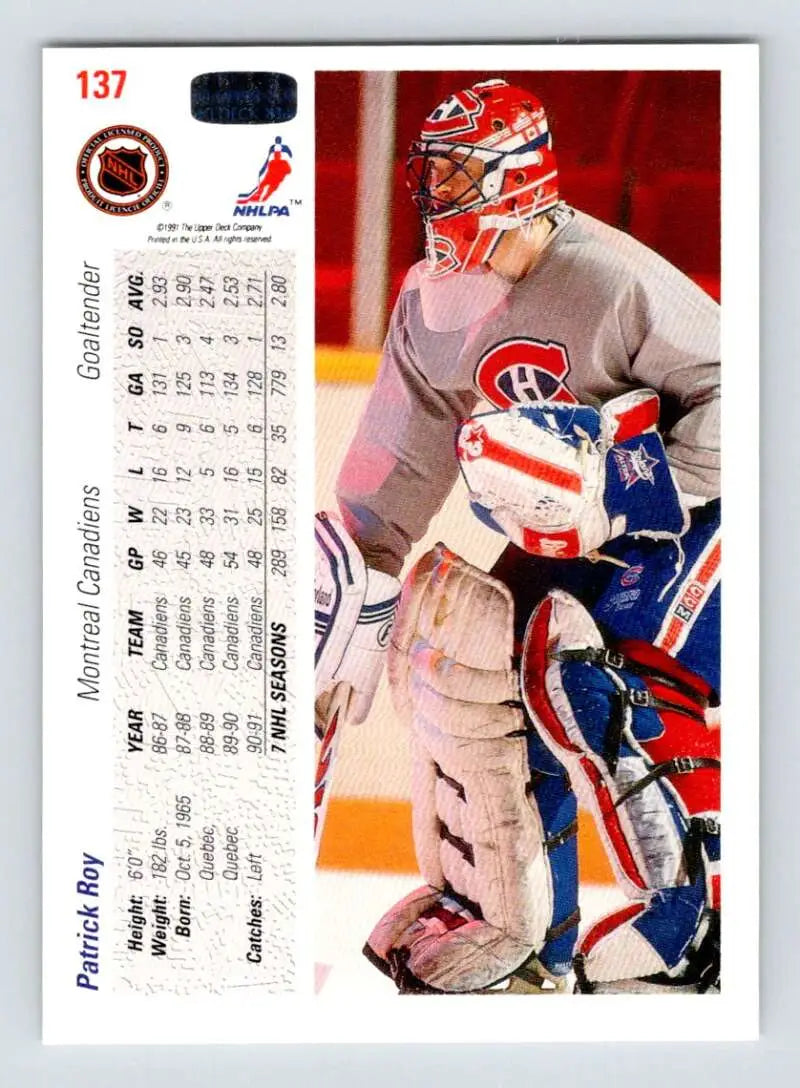 Hockey goalie Patrick Roy in Montreal Canadiens uniform making a save on Upper Deck card