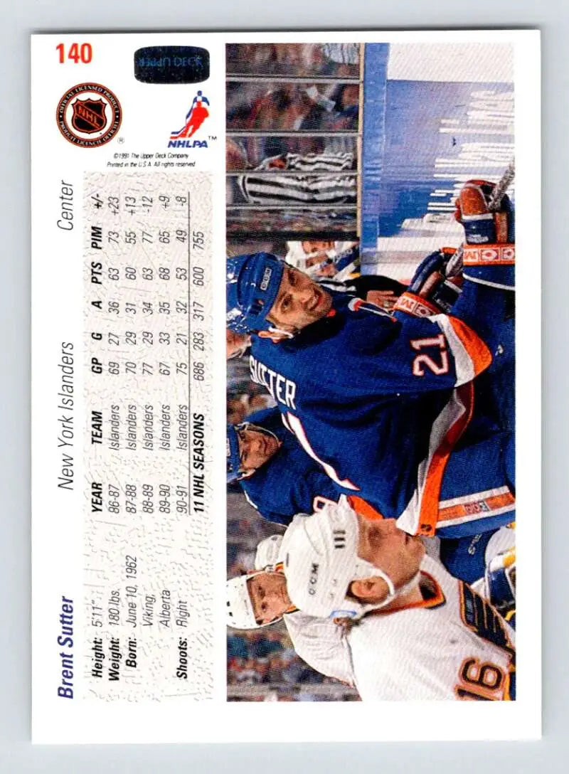 Hockey card of Brent Sutter depicting action between New York Islanders and Flyers