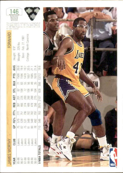 Basketball trading card of James Worthy in Los Angeles Lakers yellow and purple uniform