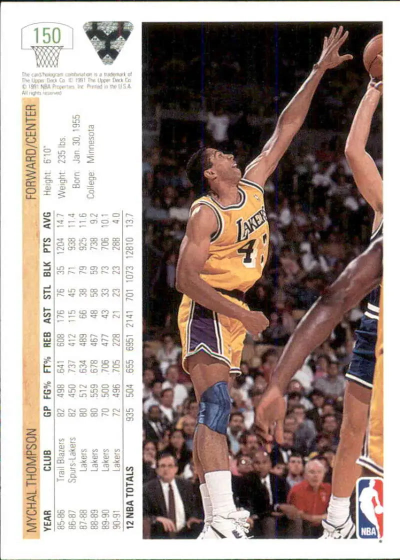 Mychal Thompson in a yellow Lakers jersey jumping during a game for Los Angeles