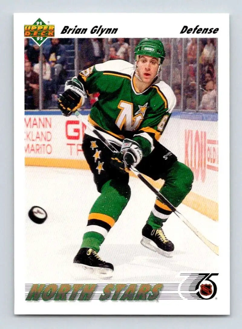 Brian Glynn skating in a green Minnesota North Stars jersey for Upper Deck hockey card