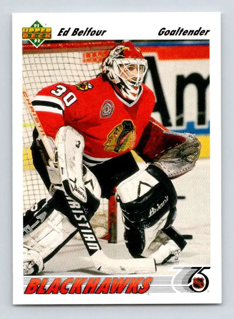 Hockey goalie in red Chicago Blackhawks jersey in front of net on Upper Deck card