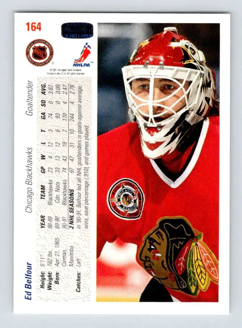 Hockey card of Ed Belfour in a Chicago Blackhawks jersey from Upper Deck 1991-92