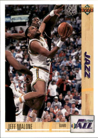Basketball trading card of Jeff Malone shooting for the Utah Jazz during a game