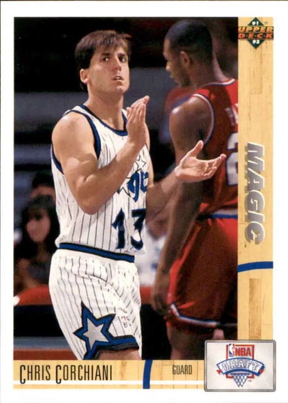 Basketball card of Chris Corchiani in an Orlando Magic jersey with blue pinstripes