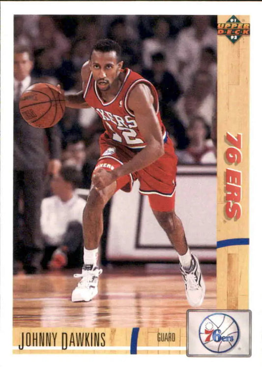 Basketball player in red Philadelphia 76ers jersey dribbling ball on Johnny Dawkins card