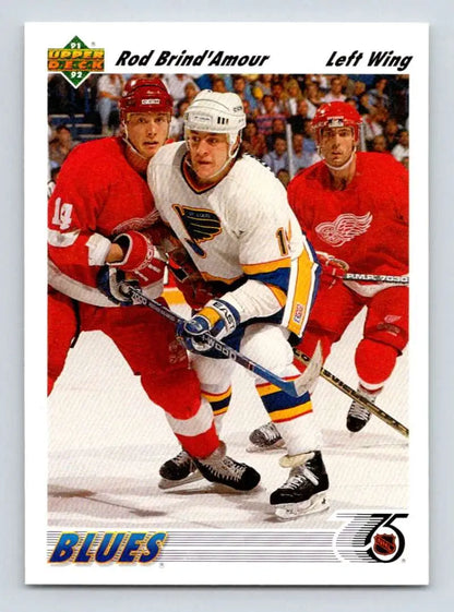 Upper Deck hockey card of Rod Brind’Amour in St. Louis Blues jersey amid Red Wings players