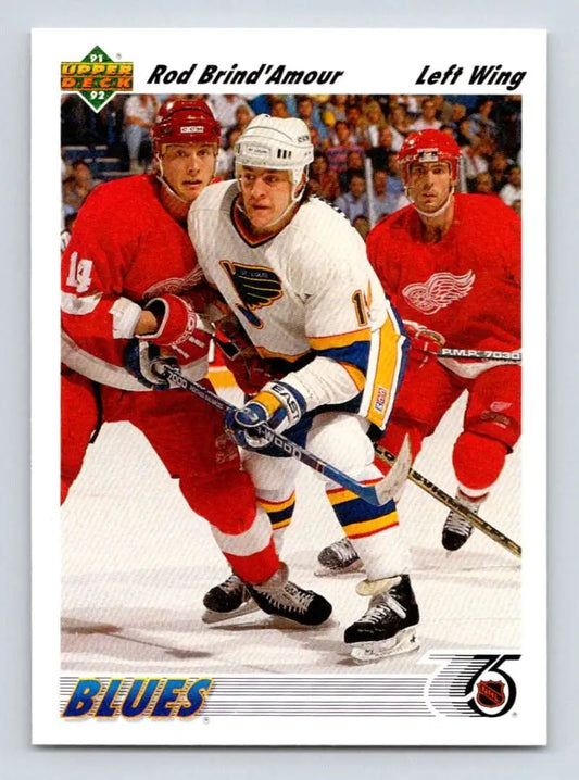 Upper Deck hockey card of Rod Brind’Amour in St. Louis Blues jersey amid Red Wings players