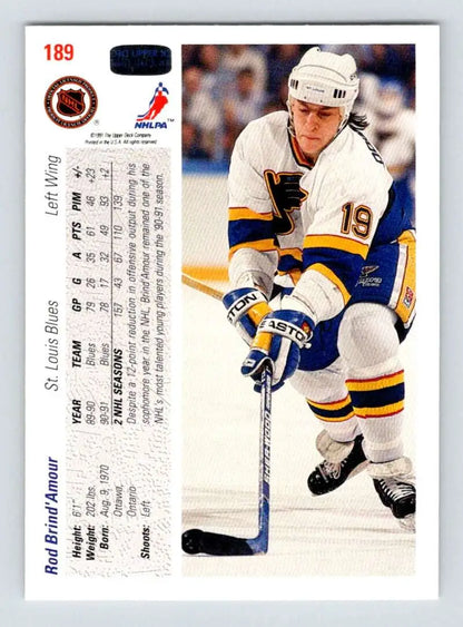 Rod Brind’Amour 1991-92 Upper Deck hockey card featuring St. Louis Blues player with puck