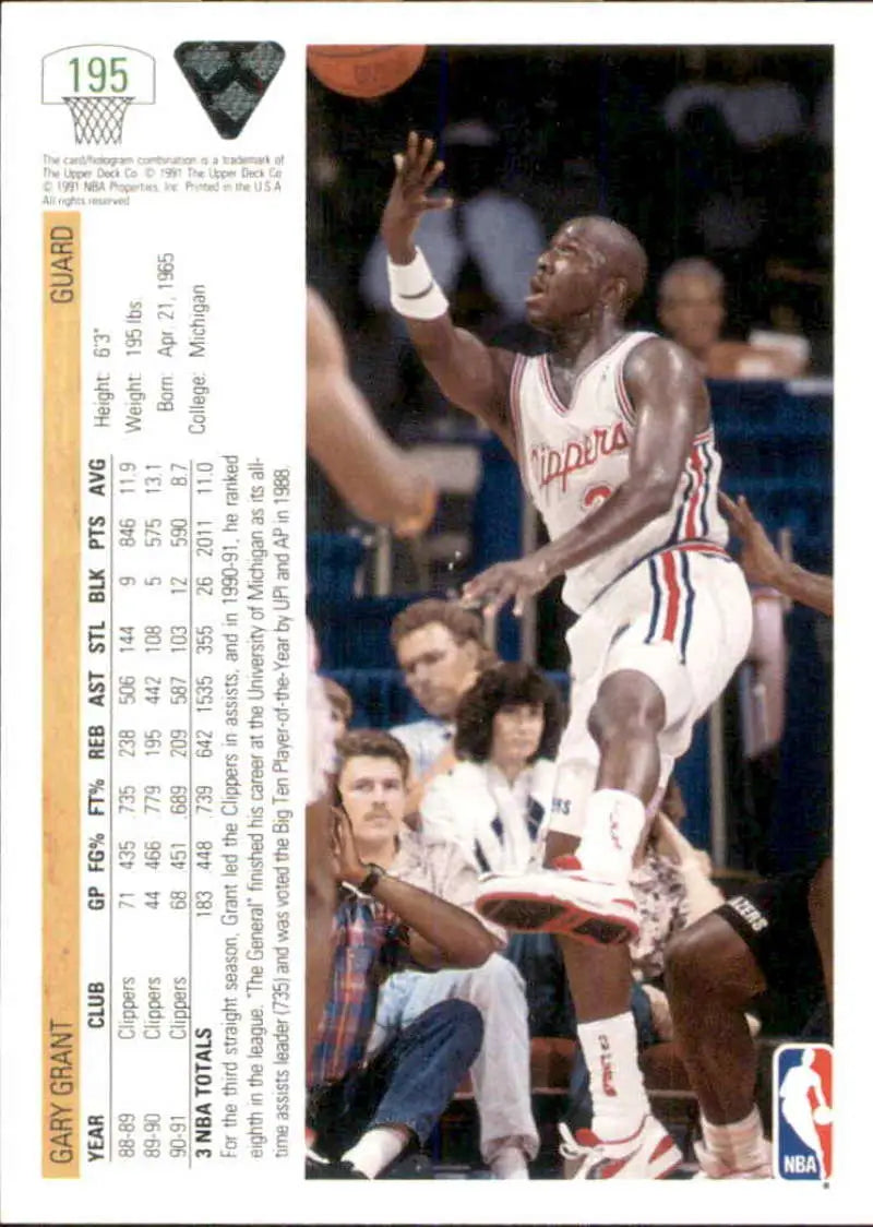 Basketball player Gary Grant leaping in Los Angeles Clippers uniform during game action
