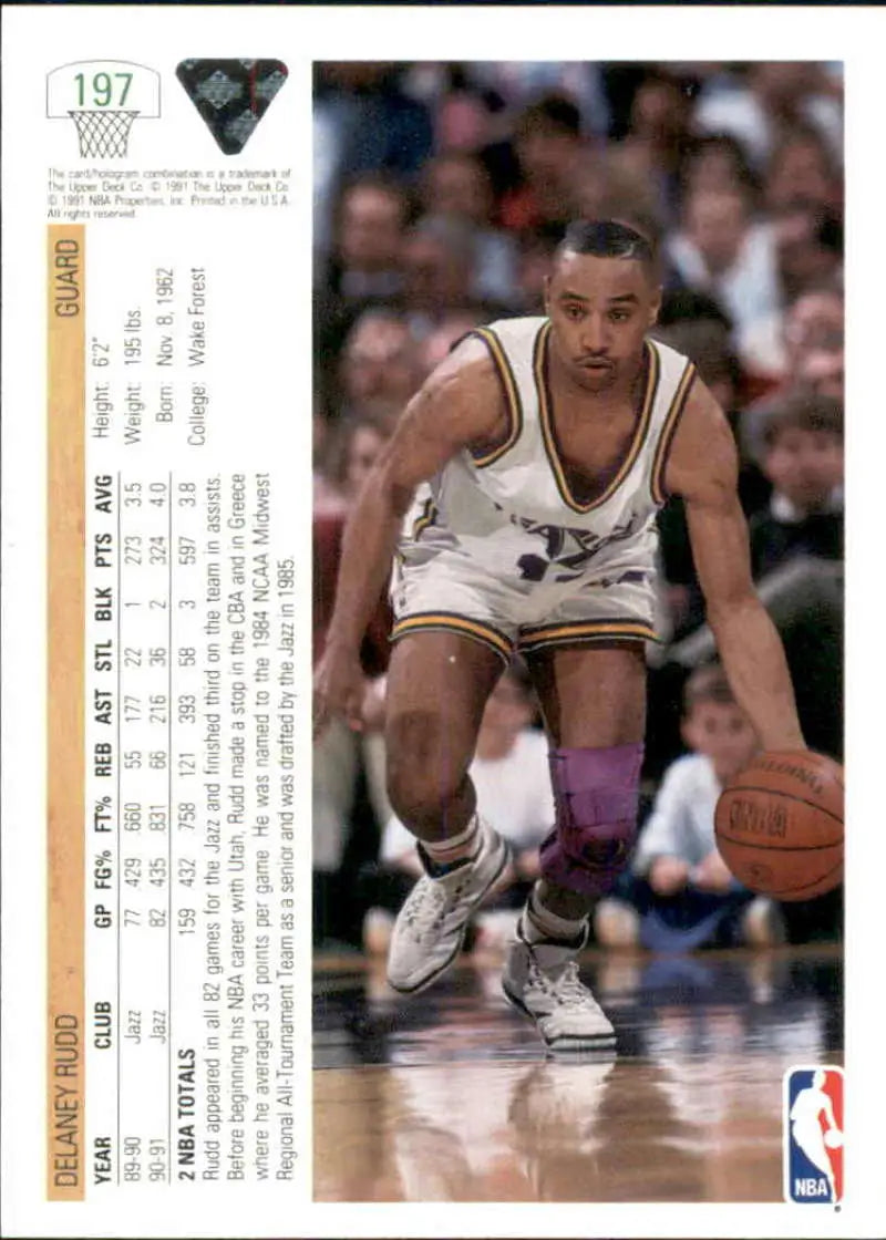 Delaney Rudd dribbling in a Utah Jazz uniform, featured on Upper Deck card