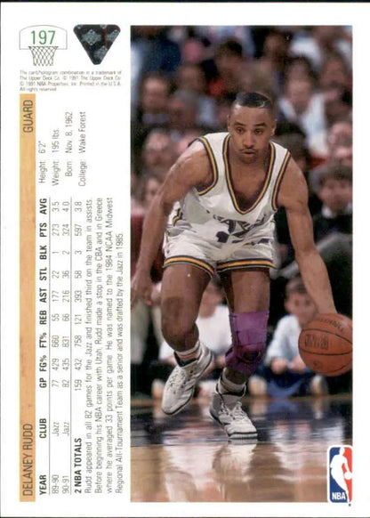 Delaney Rudd dribbling in a Utah Jazz uniform, featured on Upper Deck card