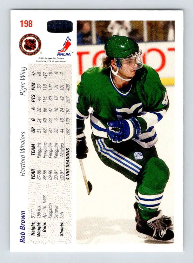 Rob Brown on ice in Hartford Whalers jersey from 1991-92 Upper Deck hockey card