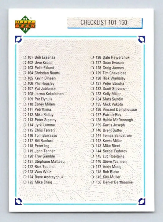 Checklist card 101-150 from 1991-92 Upper Deck Hockey Card collection