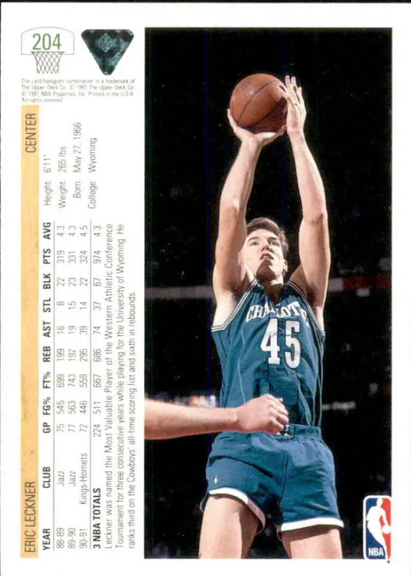 Basketball player in teal Charlotte Hornets jersey shooting ball on Eric Leckner card