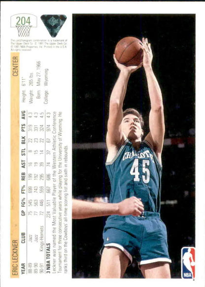 Basketball player in teal Charlotte Hornets jersey shooting ball on Eric Leckner card