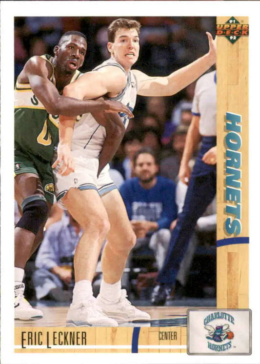 Basketball card of Eric Leckner posting up for the Charlotte Hornets in white uniform