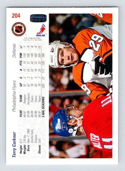 Terry Carkner Philadelphia Flyers hockey card with players in orange and red jerseys